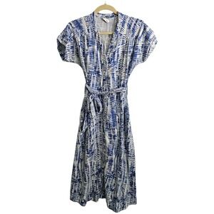 Celtic & Co. XS Belted Midi Shirt Dress‎ Blue White Print V Neck Short Sleeve ~